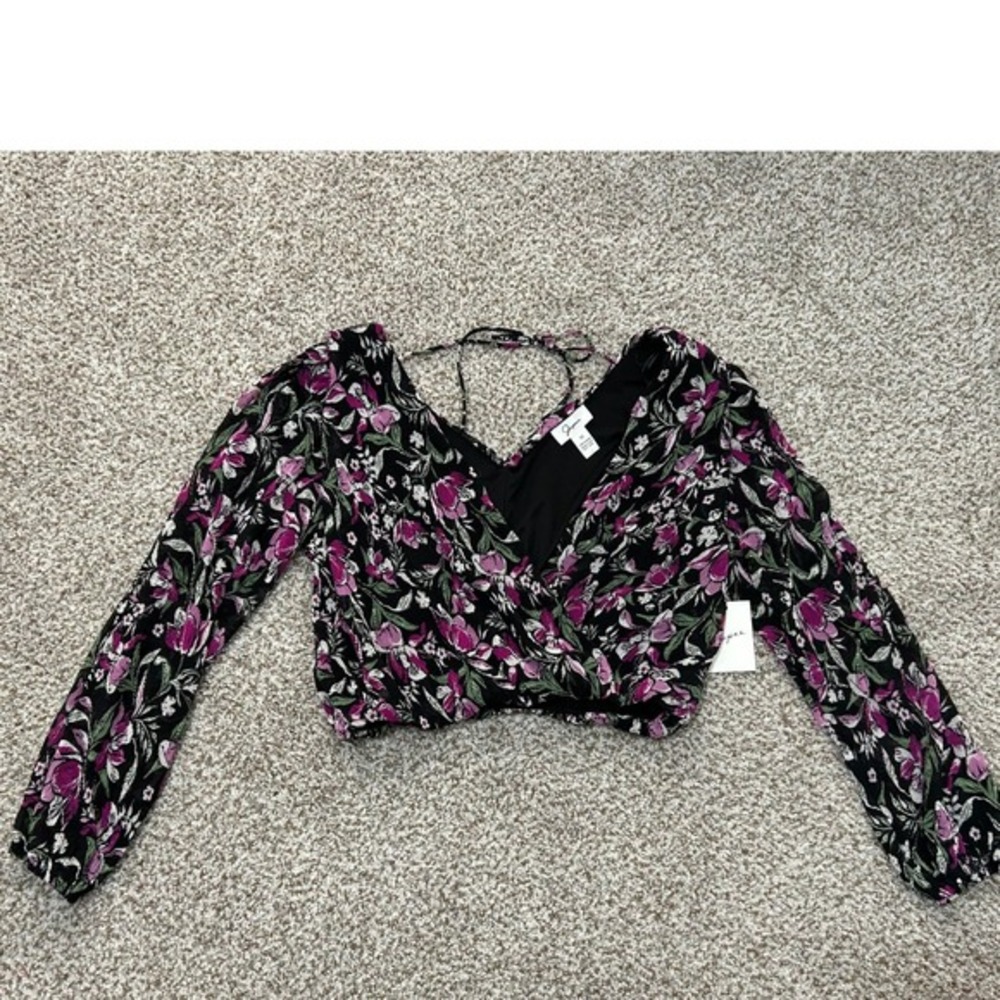 Japna Floral Surplice Crop Top Pink Purple Black Pleated V-Neck Tie Back 10578 M
